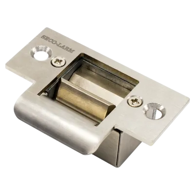 SECO-LARM - SD-991A-D1Q - Mini No-Cut Electric Door Strike. Includes stainless steel no-cut and silver aluminum low-cut strike plates. 12VDC, Fail-secure (door locks when power is lost) operation. Optional bronze(SD-991RA-61Q/B) low-cut faceplate ava