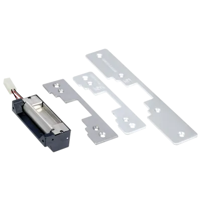 SECO-LARM - SD-996C-NUQ - 12/24 VDC Universal Door Strike. Includes three face plates for nearly any type of door. Fail-safe (door unlocks when power is lost) or fail-secure (door locks when power is lost) operation. UL listed.