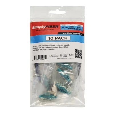 GoSimplyConnect - SF-LCPMM34-10 - LC/PC multimode mechanical connector with high clarity matching gel, 50µm, OM3/4, 250/900µm fiber, aqua - 10ea/Bag
