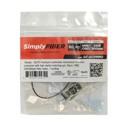GoSimplyConnect - SF-SCPMM2 - SC/PC multimode mechanical connector with high clarity matching gel, 50µm, OM2, 250/900µm fiber, black - 1ea/Bag