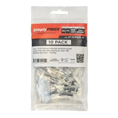 GoSimplyConnect - SF-SCPMM2-10 - SC/PC multimode mechanical connector with high clarity matching gel, 50µm, OM2, 250/900µm fiber, black - 10ea/Bag