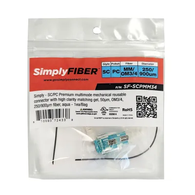 GoSimplyConnect - SF-SCPMM34 - SC/PC multimode mechanical connector with high clarity matching gel, 50µm, OM3/4, 250/900µm fiber, aqua - 1ea/Bag