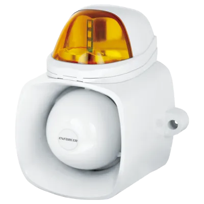 SECO-LARM - SH-816S-SQ/A - 9~15 VDC Xenon Tube Strobe Light with 120dB Warble-Tone siren. 75 flashes/minute. 25W speaker with audio input for broadcasting messages, built-in tamper output, IP65. Amber Lens.