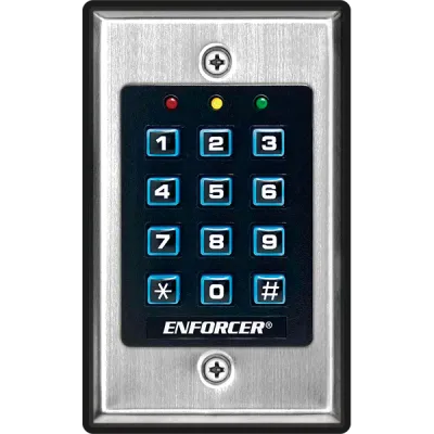 SECO-LARM - SK-1011-SDQ - Indoor Stand-Alone Keypad with 1000 users and one 1A relay output. Includes quick code, wrong-code lockout, smart egress input, three LEDs, built-in buzzer, and back box.