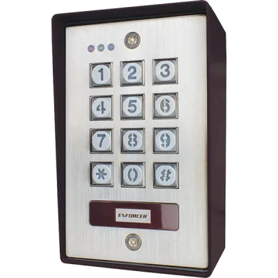 SECO-LARM - SK-1123-SPQ - Surface-Mount Outdoor Illuminated Stand-Alone Keypad with proximity reader. Weather resistant and vandal resistant. 1100 Users, two outputs, 12~24 VDC/VAC operation. Includes duress, quick code, wrong-code lockout, smart egr