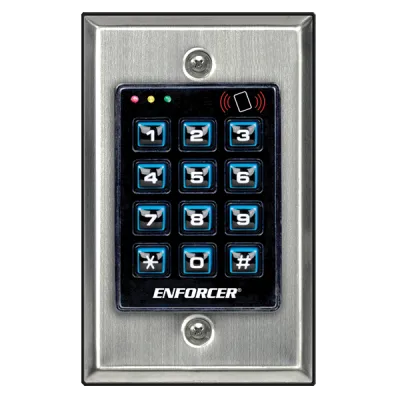 SECO-LARM - SK-1131-SPQ - Indoor Illuminated Stand-Alone keypad with Prox Reader, 1200 users and three outputs. Includes duress, quick code, wrong-code lockout, egress input, three LEDs, built-in buzzer, and back box.