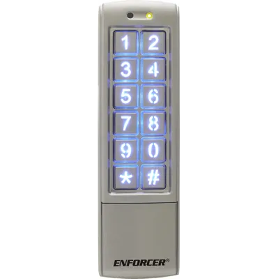 SECO-LARM - SK-2323-SPQ - Mullion-Style Outdoor Stand-Alone Keypad with Built-In Proximity Reader (125 kHz). Weatherproof (IP65). Backlit keys, 1,010 user codes, 2~6 digit code length, two relay outputs (Form C NO/NC/COM), two egress inputs, one door