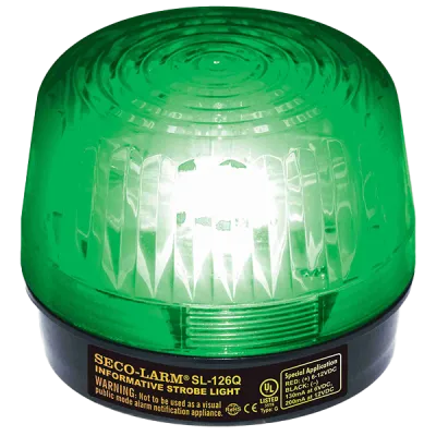 SECO-LARM - SL-126Q/G - 6~12 VDC (2-wire connection) Strobe Light. “U”-Type Xenon tube. 100,000 Candlepower, over 90 flashes/min, 180mA current draw at 12VDC. UL listed. Green lens.