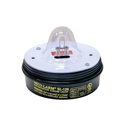SECO-LARM - SL-126Q/G - 6~12 VDC (2-wire connection) Strobe Light. “U”-Type Xenon tube. 100,000 Candlepower, over 90 flashes/min, 180mA current draw at 12VDC. UL listed. Green lens.