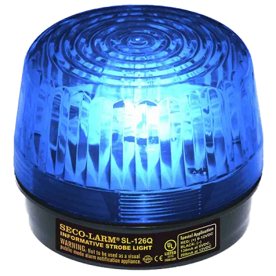 SECO-LARM - SL-126Q/B - 6~12 VDC (2-wire connection) Strobe Light. “U”-Type Xenon tube. 100,000 Candlepower, over 90 flashes/min, 180mA current draw at 12VDC. UL listed. Blue lens.