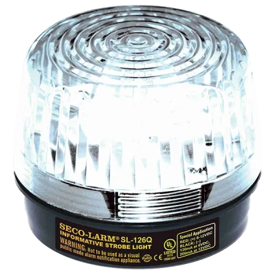 SECO-LARM - SL-126Q/C - 6~12 VDC (2-wire connection) Strobe Light. “U”-Type Xenon tube. 100,000 Candlepower, over 90 flashes/min, 180mA current draw at 12VDC. UL listed. Clear lens.