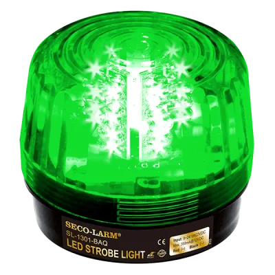 SECO-LARM - SL-1301-BAQ/G - 9~24 VAC/VDC LED Strobe Light. Incorporates 32 LEDs. 50,000-Hour operating life. 8 different flash patterns. Adjustable flashing speed. Indoor/outdoor use. Green lens.