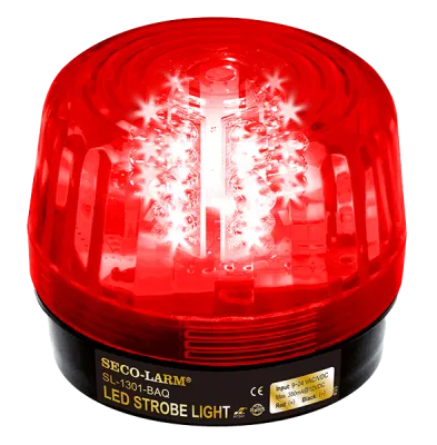 SECO-LARM - SL-1301-BAQ/R - 9~24 VAC/VDC LED Strobe Light. Incorporates 32 LEDs. 50,000-Hour operating life. 8 different flash patterns. Adjustable flashing speed. Indoor/outdoor use. Red lens.