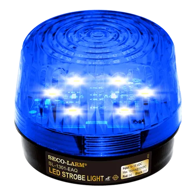 SECO-LARM - SL-1301-EAQ/B - 6~12 VDC LED Strobe Light. Incorporates 12 LEDs. 50,000-Hour operating life. Flash only. Indoor/outdoor use. Blue lens.