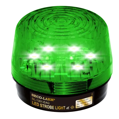 SECO-LARM - SL-1301-EAQ/G - 6~12 VDC LED Strobe Light. Incorporates 12 LEDs. 50,000-Hour operating life. Flash only. Indoor/outdoor use. Green lens.