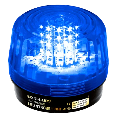SECO-LARM - SL-1301-SAQ/B - 10~24 VDC LED Strobe Light with built in programable siren. Incorporates 54 LEDs. 50,000-Hour operating life. Six different flash patterns. Adjustable flashing speed. Indoor/outdoor use. Blue lens.