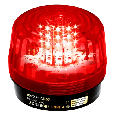 SECO-LARM - SL-1301-SAQ/R - 10~24 VDC LED Strobe Light with built in programable siren. Incorporates 54 LEDs. 50,000-Hour operating life. Six different flash patterns. Adjustable flashing speed. Indoor/outdoor use. Red lens.