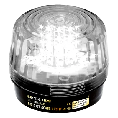 SECO-LARM - SL-1301-SAQ/C - 10~24 VDC LED Strobe Light with built in programable siren. Incorporates 54 LEDs. 50,000-Hour operating life. Six different flash patterns. Adjustable flashing speed. Indoor/outdoor use. Clear lens.