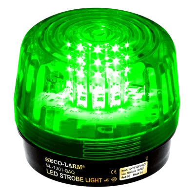 SECO-LARM - SL-1301-SAQ/G - 10~24 VDC LED Strobe Light with built in programable siren. Incorporates 54 LEDs. 50,000-Hour operating life. Six different flash patterns. Adjustable flashing speed. Indoor/outdoor use. Green lens.