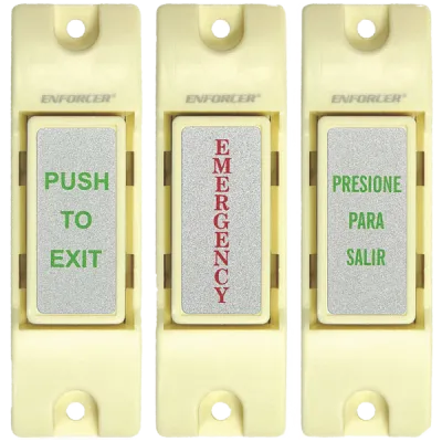 SECO-LARM - SS-075C-PEQ - NO/NC Momentary Surface-Mount Switch. Includes labels: "EMERGENCY", "PUSH TO EXIT," and "PRESIONE PARA SALIR". Contact rated 0.5A@12VDC. Sold in multiples of 10 (price is for 1 pc).