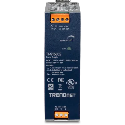 TRENDNET - TI-S15052 - 150W, 52V DC, 2.89A AC to DC DIN-Rail Power Supply with PFC Function
