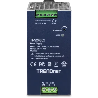 TRENDNET - TI-S24052 - 240W, 52V DC, 4.61A AC to DC DIN-Rail Power Supply with PFC Function