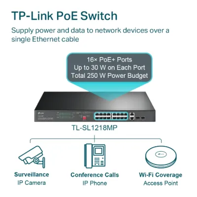 TP-Link - TL-SL1218MP - 16-Port 10/100 Mbps + 2-Port Gigabit Rackmount Switch with 16-Port PoE+