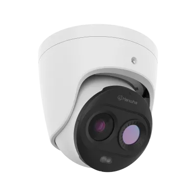 Hanwha - TNM-C2722TDR - Wisenet T network Bi-spectrum Early Fire Detection Camera, Thermal: 160 x 120 (uncooled) @ 8fps, <50mK (NETD), built-in 1.9mm fixed lens (57° HFoV / 44° VFoV), Visible: 3MP, built-in 4.46mm fixed lens (69° HFoV / 50.8° VFoV), 