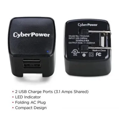 Cyber Power - TR12U3A - USB Wall Charger, 2 USB, 3.1A, Folding AC plug, LED Power Indicator, 1 Year Warranty