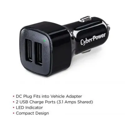 Cyber Power - TR22U3A - Travel Charger - (2) USB 3.1A Shared Ports and DC Auto Power Plug