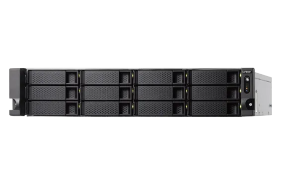 QNAP - TS-1886XU-RP-D1622-8G-US - QNAP 12-Bay 2U Rackmount NAS, Intel Xeon E-2236 6-core 3.4 GHz processor (burst up to 4.8 GHz), 128 GB UDIMM DDR4 (4 x 32GB), 12x 2.5"/3.5" SATA HDD/SSD, 4 GigaLan, 2 x 10GbE SFP+ SmartNIC, 2 x 10GBase-T, 500W redundant