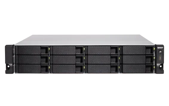 QNAP - TS-1886XU-RP-D1622-8G-US - QNAP 12-Bay 2U Rackmount NAS, Intel Xeon E-2236 6-core 3.4 GHz processor (burst up to 4.8 GHz), 128 GB UDIMM DDR4 (4 x 32GB), 12x 2.5"/3.5" SATA HDD/SSD, 4 GigaLan, 2 x 10GbE SFP+ SmartNIC, 2 x 10GBase-T, 500W redundant