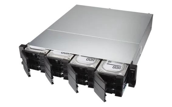 QNAP - TS-1886XU-RP-D1622-8G-US - QNAP 12-Bay 2U Rackmount NAS, Intel Xeon E-2236 6-core 3.4 GHz processor (burst up to 4.8 GHz), 128 GB UDIMM DDR4 (4 x 32GB), 12x 2.5"/3.5" SATA HDD/SSD, 4 GigaLan, 2 x 10GbE SFP+ SmartNIC, 2 x 10GBase-T, 500W redundant