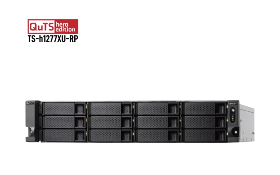 QNAP - TS-h1277XU-RP-3700X-128G-US - QNAP 2U 12-Bay QTS hero NAS, AMD Ryzen 7 3700X 8-core/16-thread 3.4 GHz processor, 128GB DDR4 RAM (max 128GB RAM), 12x 2.5"/3.5" SATA HDD/SSD, 2xGbE LAN, 2 x 10GbE SFP+, 2 x 10GBase-T, USB. 3.1/3.0