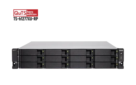 QNAP - TS-h1277XU-RP-3700X-128G-US - QNAP 2U 12-Bay QTS hero NAS, AMD Ryzen 7 3700X 8-core/16-thread 3.4 GHz processor, 128GB DDR4 RAM (max 128GB RAM), 12x 2.5"/3.5" SATA HDD/SSD, 2xGbE LAN, 2 x 10GbE SFP+, 2 x 10GBase-T, USB. 3.1/3.0