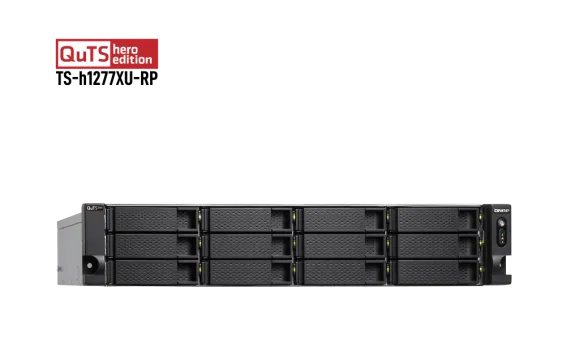 QNAP - TS-h1277XU-RP-3700X-32G-US - QNAP 2U 12-Bay QTS hero NAS, AMD Ryzen 7 3700X 8-core/16-thread 3.4 GHz processor, 128GB DDR4 RAM (max 128GB RAM), 12x 2.5"/3.5" SATA HDD/SSD, 2xGbE LAN, 2 x 10GbE SFP+, 2 x 10GBase-T, USB. 3.1/3.0,  4 x PCIe expansion