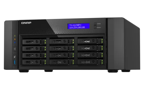 QNAP - TS-h1290FX-7302P-128G-US - QNAP 12-Bay all-flash desktop NAS, AMD EPYC 7302P (up to 3.2GHz), 12 x 2.5" U.2 NVMe/SATA SSD bays, 128GB ECC RAM, 2 x 2.5GbE, 2 x 25GbE SFP28, PCIe Gen4 Expansion Slots