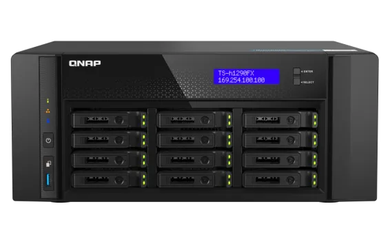 QNAP - TS-h1290FX-7302P-256G-US - QNAP 12-Bay all-flash desktop NAS, AMD EPYC 7302P (up to 3.2GHz), 12 x 2.5" U.2 NVMe/SATA SSD bays, 256GB ECC RAM, 2 x 2.5GbE, 2 x 25GbE SFP28, PCIe Gen4 Expansion Slots
