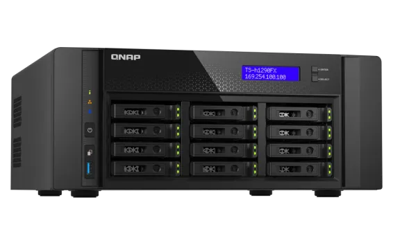 QNAP - TS-h1290FX-7302P-256G-US - QNAP 12-Bay all-flash desktop NAS, AMD EPYC 7302P (up to 3.2GHz), 12 x 2.5" U.2 NVMe/SATA SSD bays, 256GB ECC RAM, 2 x 2.5GbE, 2 x 25GbE SFP28, PCIe Gen4 Expansion Slots