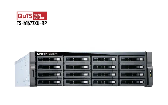 QNAP - TS-h1677XU-RP-3700X-32G-US - QNAP 3U 16-Bay QTS hero NAS/iSCSI IP-SAN, AMD Ryzen 7 3700X 8C/16T 3.4 GHz, 32GB DDR4 RAM, 1GbE*2 , 10GbE*2 SFP+