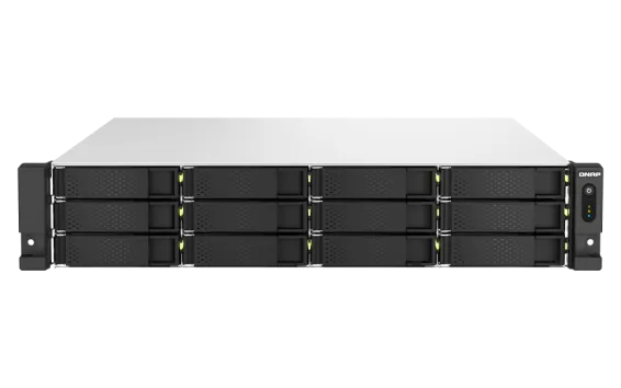 QNAP - TS-h1887XU-RP-E2334-16G-US - QNAP 18-Bay 2U Rackmount NAS, Intel Xeon E-2334 4C/8T 3.4 GHz processor (boost up to 4.8 GHz), 16 GB ECC DDR4, 2 x 2.5"/3.5" SATA 6Gbps HDD/SSD + 6 x 2.5" SATA 6Gbps, 10GBASE-T, 2.5GbE RJ45, USB 3.2 Gen2, PCIe Gen4