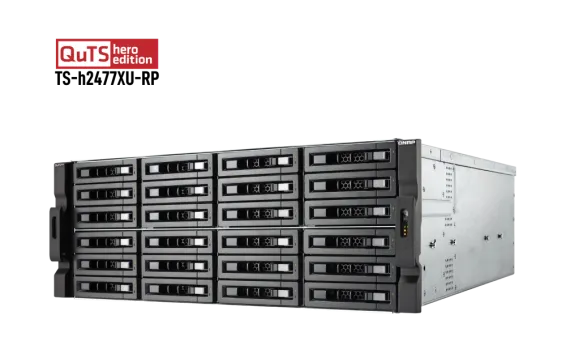 QNAP - TS-h2477XU-RP-3700X-32G-US - QNAP 4U 24-Bay QTS hero NAS/iSCSI IP-SAN, AMD Ryzen 7 3700X 8C/16T 3.4 GHz, 32GB DDR4 RAM, 1GbE*2 , 10GbE*2 SFP+