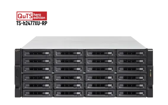 QNAP - TS-h2477XU-RP-3700X-32G-US - QNAP 4U 24-Bay QTS hero NAS/iSCSI IP-SAN, AMD Ryzen 7 3700X 8C/16T 3.4 GHz, 32GB DDR4 RAM, 1GbE*2 , 10GbE*2 SFP+