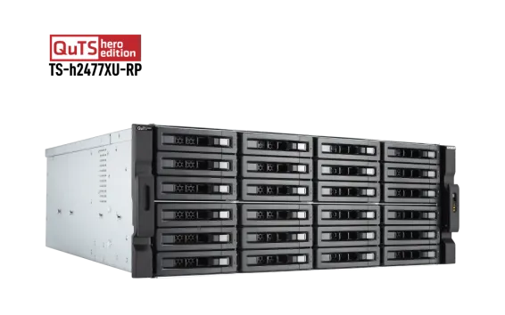 QNAP - TS-h2477XU-RP-3700X-32G-US - QNAP 4U 24-Bay QTS hero NAS/iSCSI IP-SAN, AMD Ryzen 7 3700X 8C/16T 3.4 GHz, 32GB DDR4 RAM, 1GbE*2 , 10GbE*2 SFP+