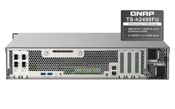 QNAP - TS-h2490FU-7232P-64G-US - QNAP 24-Bay all-flash NAS, NVMe Gen3 x4, AMD EPYC 7232P 3.1GHz, 64GB  RAM, 2 x 2.5GbE LAN, 2 x 25GbE SFP28, iSCSI, RAID 0,1, 5, 6, 10, 5+spare, 6+spare, 10+spare, global hot spare,  PCIe expansion slot x5