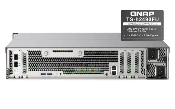 QNAP - TS-h2490FU-7302P-128G-US - QNAP 24-Bay all-flash NAS, NVMe Gen3 x4, AMD EPYC 7302P 3.0GHz, 128GB  RAM, 2 x 2.5GbE LAN, 4 x 25GbE SFP28, iSCSI, RAID 0,1, 5, 6, 10, 5+spare, 6+spare, 10+spare, global hot spare,  PCIe expansion slot x5