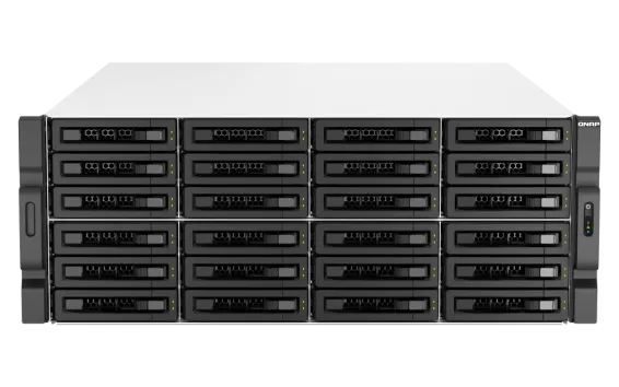 QNAP - TS-h3087XU-RP-E2378-64G-US - QNAP 30-Bay 4U rackmount NAS, Intel Xeon E-2378 8C/16T 2.6 GHz processor (boost up to 4.8 GHz), 64 GB ECC DDR4, 24 x 2.5"/3.5" SATA 6Gbps HDD/SSD + 6 x 2.5" SATA 6Gbps, 10GBASE-T, 2.5GbE RJ45, USB 3.2 Gen2, PCIe Gen4