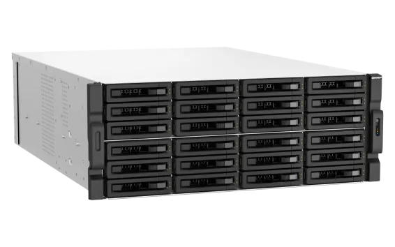 QNAP - TS-h3087XU-RP-E2378-64G-US - QNAP 30-Bay 4U rackmount NAS, Intel Xeon E-2378 8C/16T 2.6 GHz processor (boost up to 4.8 GHz), 64 GB ECC DDR4, 24 x 2.5"/3.5" SATA 6Gbps HDD/SSD + 6 x 2.5" SATA 6Gbps, 10GBASE-T, 2.5GbE RJ45, USB 3.2 Gen2, PCIe Gen4