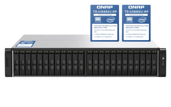 QNAP - TS-h3088XU-RP-W1270-64G-US - QNAP 2U 30-bay 2.5" SATA 6Gbps all-flash NAS, Intel Xeon W-1270 8-core 3.4 GHz (boost up to 5.0 GHz), 64GB DDR4 ECC RAM (up to 128GB), 2 x 25GbE, 4 x 2.5GbE,  PCIe slots, 2 x 550W, USB 3.2 Gen2 10Gbps, HDMI, iSCSI, RAID