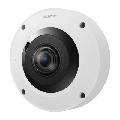 Hanwha - XNF-9013RV - Powered by WN7, 1/2.3" 12MP CMOS, Max resolution 3008x3008 @ 30FPS, 1.08mm fixed focal lens, Stereo graphic type lens, enhanced resolution for the peripheral regions, H.265, H.264, MJPEG codec supported, Fisheye, Single panorama